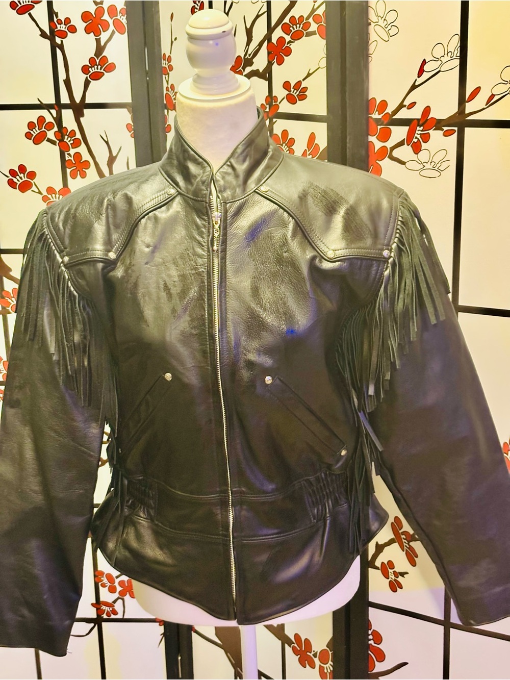 Vintage Harley-Davidson motorcycle jacket with western-style fringe